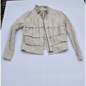 Kenneth Cole New York Womens Beige Utility Jacket Zip Front Ruffle Detail Size S